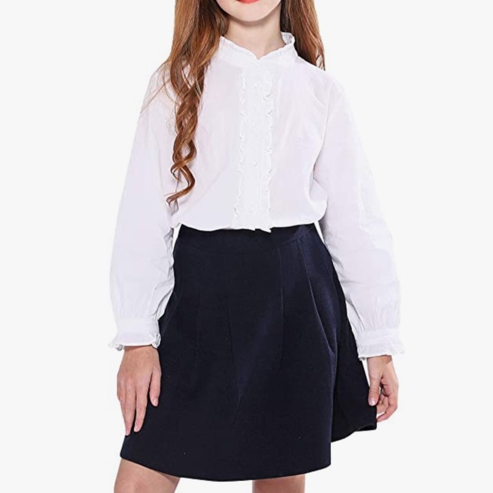 Girls White Ruffle Long Sleeve Button Down Blouse